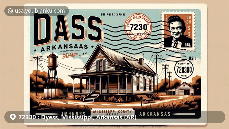 Modern illustration of Dyess, Arkansas, capturing the iconic home of Johnny Cash and highlighting the charm of the town. Features vintage postage stamp, postmark, and ZIP Code 72330.