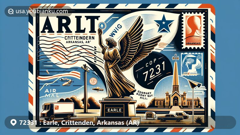 Modern illustration of Earle, Crittenden, Arkansas, featuring the 'Angel in the Field' monument dedicated to George Berry Washington, Arkansas state flag, Crittenden County map outline, air mail envelope design, postal elements like stamps, postmark with ZIP code 72331, mailbox, and mail truck.