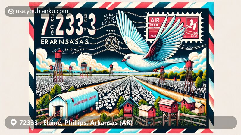 Modern illustration of Elaine, Arkansas, with cotton fields, birdhouses, and air mail envelope design symbolizing cotton farming and the Birdhouse Capital of America. Featuring ZIP code 72333 and stylized Mississippi River, capturing cultural and historical essence.