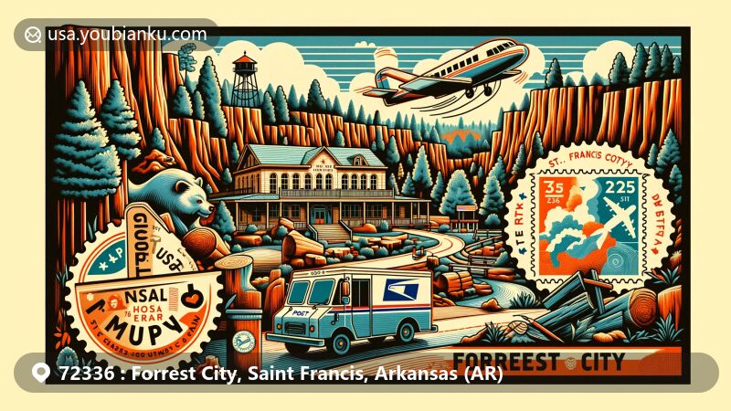 Modern illustration of Forrest City, Arkansas, featuring postal elements and the iconic St. Francis County Museum, set against the backdrop of Crowley's Ridge, capturing the city's rich history and natural beauty.
