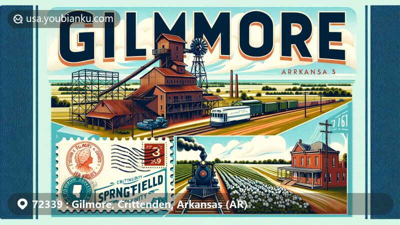 Modern illustration of Gilmore, Arkansas, showcasing agricultural roots and historical landmarks, including a cotton gin, Ed Talbott & Company building, and Springfield and Memphis Railroad influence, with a postal theme featuring ZIP code 72339 and Crittenden County symbols.