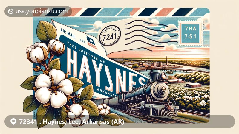 Modern illustration of Haynes, Lee County, Arkansas, highlighting historical cotton industry and railroad heritage, with elements like cotton plants and a vintage train from the Iron Mountain Railroad Line. The design showcases lush Arkansas Delta landscape and a postal theme, including a vintage air mail envelope with ZIP code 72341, Haynes, AR, and a postcard with the Mississippi River depiction.