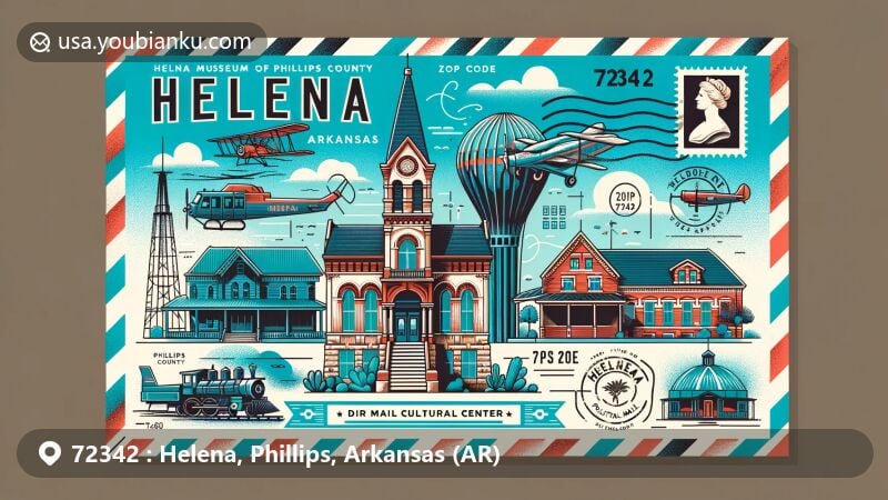 Modern illustration of Helena, Arkansas, featuring postal theme with ZIP code 72342, showcasing Helena Museum of Phillips County, Delta Cultural Center, and Fort Curtis in a creative and stylized manner, reflecting the historical and cultural essence of Helena.