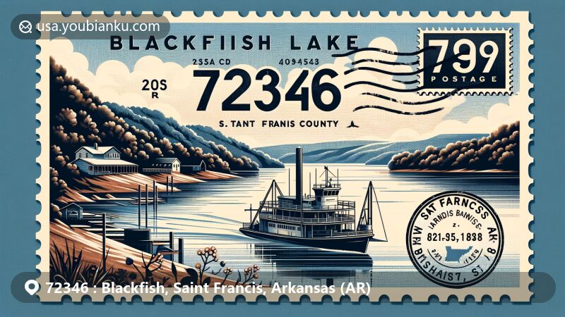 Modern illustration of Blackfish Lake, St. Francis County, Arkansas, highlighting historical Blackfish Lake Ferry Site, featuring natural beauty and local symbols.