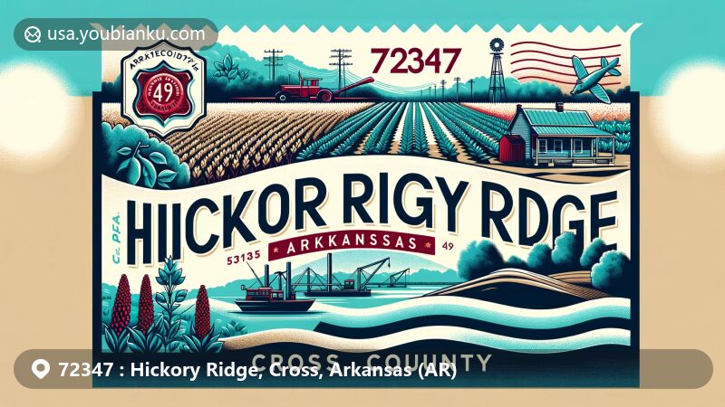 Modern illustration of Hickory Ridge, Cross County, Arkansas, showcasing postal theme with ZIP code 72347, featuring agricultural scenes of soybean, cotton fields, crawfish, and catfish, reflecting the area's main economic activities.