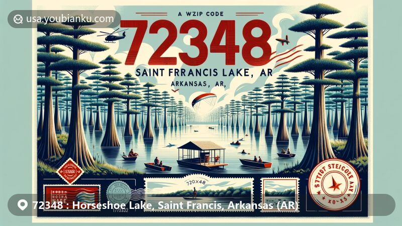 Modern illustration of Horseshoe Lake, Saint Francis County, Arkansas, featuring serene natural beauty with ancient cypress trees and peaceful fishing scenes, incorporating postal theme with vintage air mail elements and postmark.