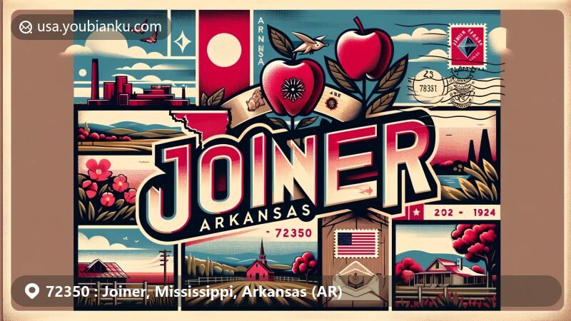 Modern postcard design for Joiner, Arkansas, showcasing Arkansas state symbols like apple blossom and diamond, with hints of rural charm and abstract representations of local landmarks.
