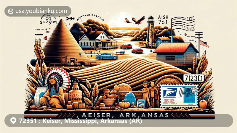 Modern illustration of Keiser, Mississippi County, Arkansas, reflecting rich agricultural heritage and Native American cultural roots with elements like flat-topped mound and pottery artifacts from Nodena Site, featuring town landmarks and airmail theme with ZIP code 72351.