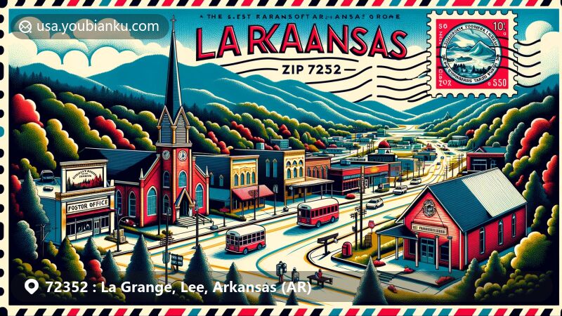 Modern illustration of La Grange, Lee County, Arkansas, portraying St. Francis National Forest, Crowley's Ridge, New Hope Baptist Church, Methodist church, and local post office with ZIP code 72352, integrating Arkansas state flag elements.