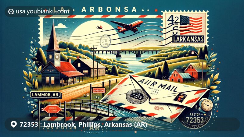 Modern illustration of Lambrook, Phillips County, Arkansas, highlighting ZIP code 72353 and featuring Warrens Bridge, rural landscapes, a post office, and vintage air mail envelope with Arkansas state flag stamp.