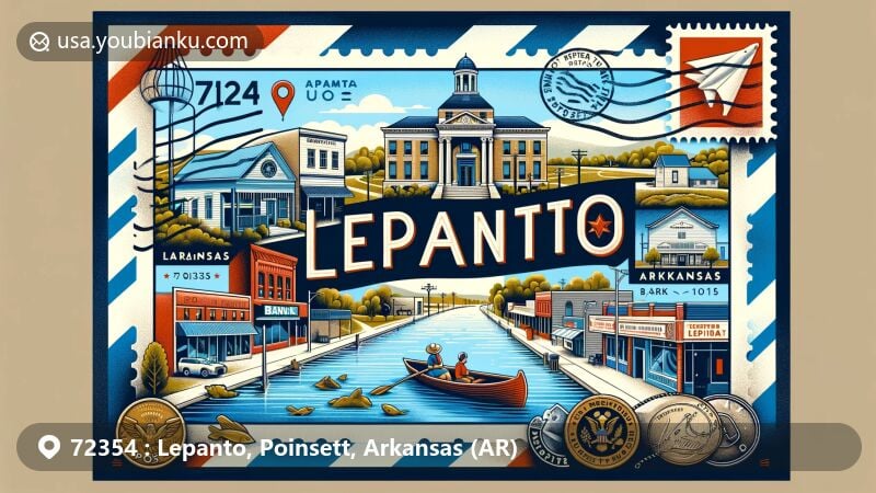 Modern illustration of Lepanto, Poinsett County, Arkansas, showcasing local culture and postal heritage with iconic symbols of Main Street, Museum Lepanto USA, and outdoor activities like fishing and camping along Spring River.