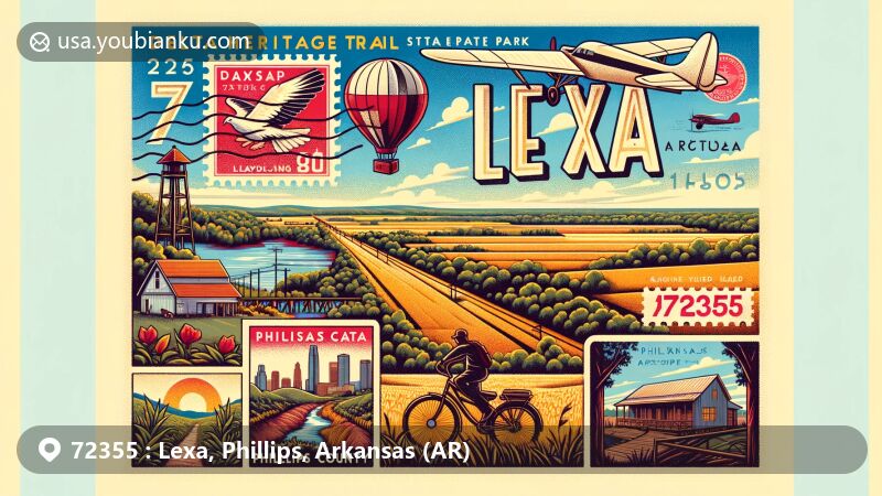 Modern illustration of Lexa, Phillips County, Arkansas, capturing the essence of the region with Delta Heritage Trail State Park, agricultural fields, vintage postcard design, aviation theme, Arkansas landmarks, Phillips County outline, bicycle symbolizing trail popularity, and local wildlife.