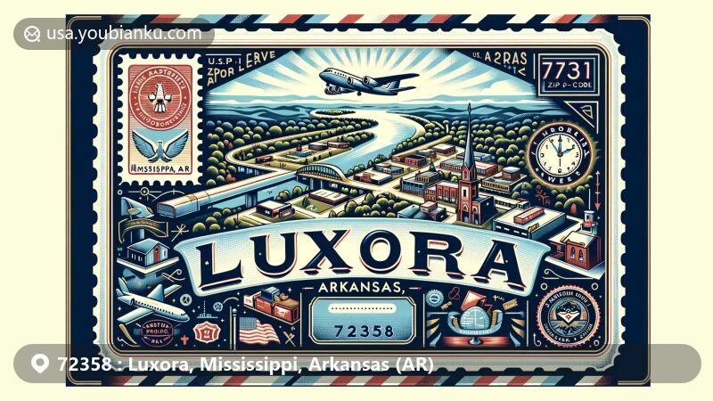 Modern illustration of Luxora, Arkansas, showcasing postal theme with ZIP code 72358, featuring Mississippi River, U.S. Route 61, and Rivercrest School District.