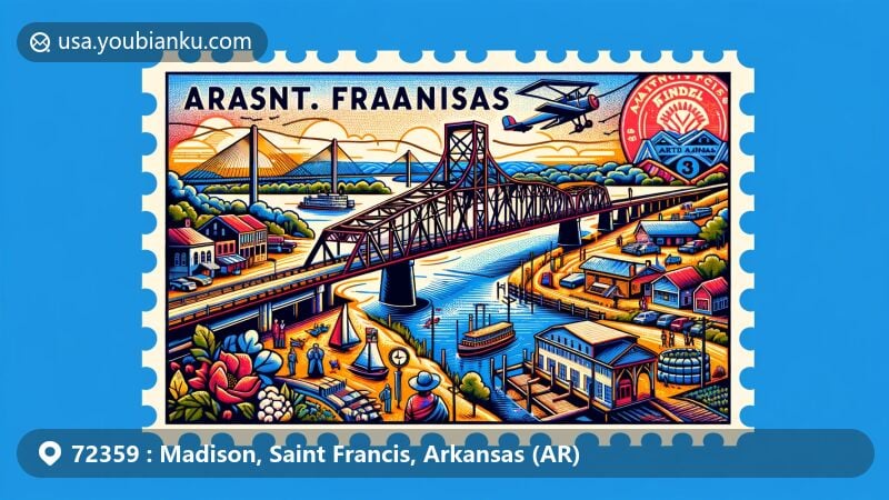 Modern illustration of Madison, Saint Francis County, Arkansas, featuring iconic St. Francis River Bridge, with historical significance and unique design, surrounded by town history and connection to the river, including early reference as busy loading point for steamboats and ferries. Symbolically showcases town's agricultural roots like cotton and soybeans, paying tribute to Scott Winfield Bond, born a slave, became one of Arkansas' first African American millionaires through ventures in agriculture and milling. Set within outline of airmail envelope, highlighting Madison's ZIP code 72359, with postal elements like distinctive Arkansas state flag stamp, postmark with bridge completion date, and prominent display of ZIP code. Modern and eye-catching style suitable for web illustration, color palette reflecting natural beauty of Arkansas Delta region.