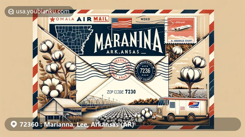 Creative illustration of Marianna, Arkansas, showcasing postal theme with ZIP code 72360, integrating Arkansas state flag, Lee County outline, and symbols of agricultural heritage.