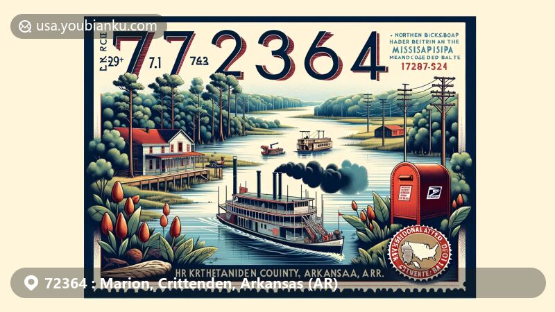 Modern illustration of Marion, Crittenden County, Arkansas, featuring ZIP code 72364, showcasing Mississippi River, Sultana steamboat disaster, Northern Backswamps, Northern Holocene Meander Belts, bald cypress, water tupelo trees, vintage air mail envelope, postage stamp, postmark, red postal box.