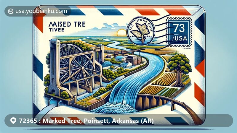 Modern illustration of Marked Tree, Arkansas, in Poinsett County, capturing St. Francis River and Little River's natural beauty and geographical uniqueness, featuring Marked Tree Lock, agricultural fields, and a blazed oak tree with 'M' marking.