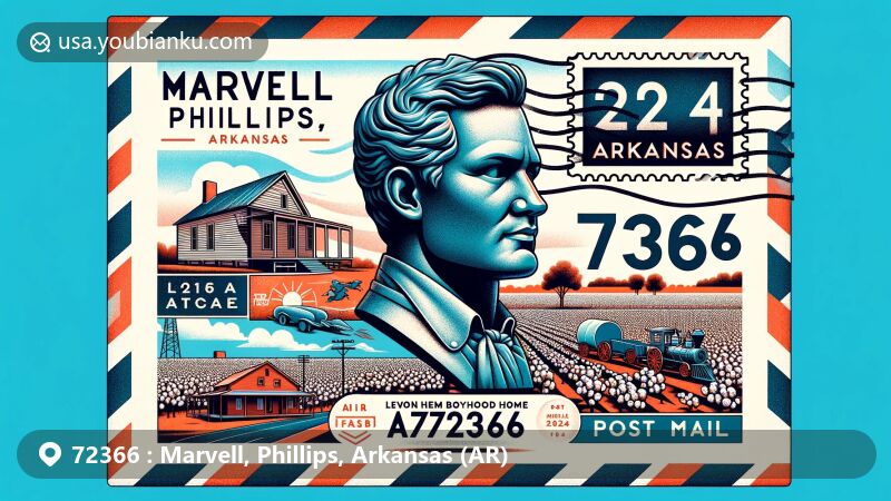 Modern illustration of Marvell, Phillips County, Arkansas, showcasing Levon Helm Bronze Bust and Boyhood Home within airmail envelope frame, cotton fields, and Mississippi River. Includes Arkansas state flag, vintage postage stamp, postal mark with date 2024, and ZIP code 72366.