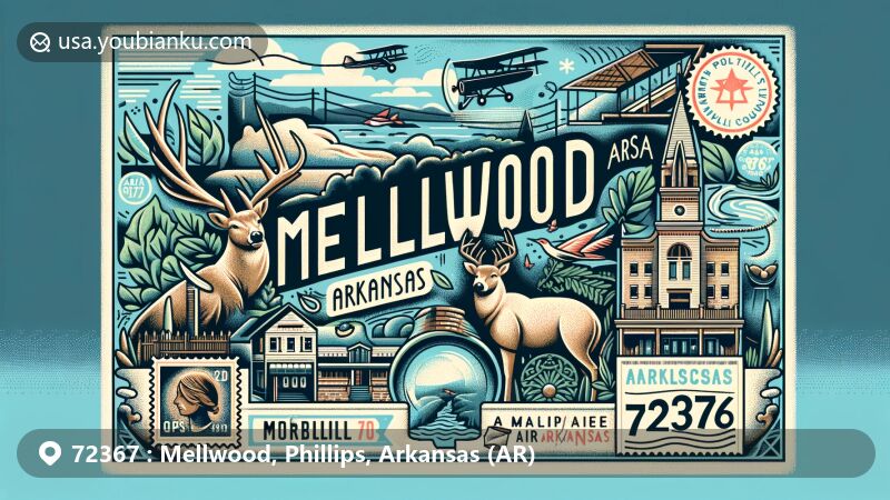 Modern illustration of Mellwood, Arkansas, ZIP code 72367, Phillips County, featuring local wildlife, landscapes, and landmarks, with vintage air mail envelope and Arkansas state stamp.
