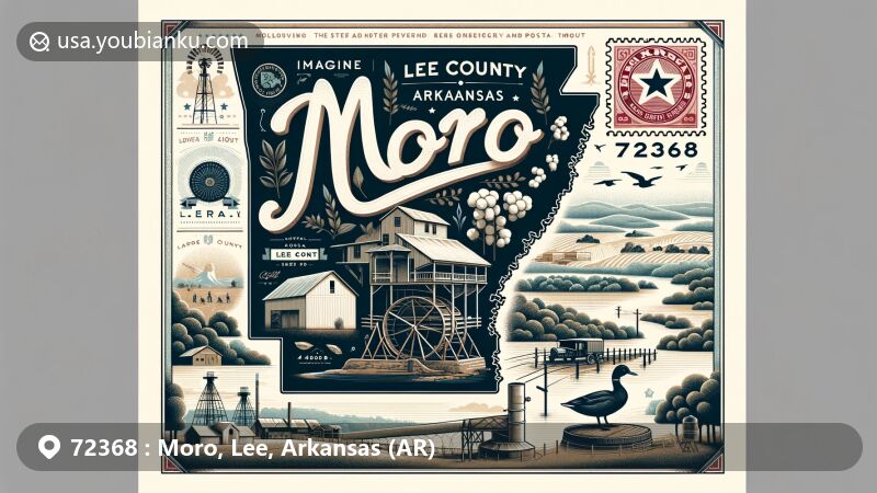 Modern illustration of Moro, Lee County, Arkansas, with a detailed map outline and pinpoint highlighting its location within ZIP code 72368. Includes Civil War troops, symbols of cotton gin and duck hunting, and nods to Arkansas's natural beauty, parks, and rivers.