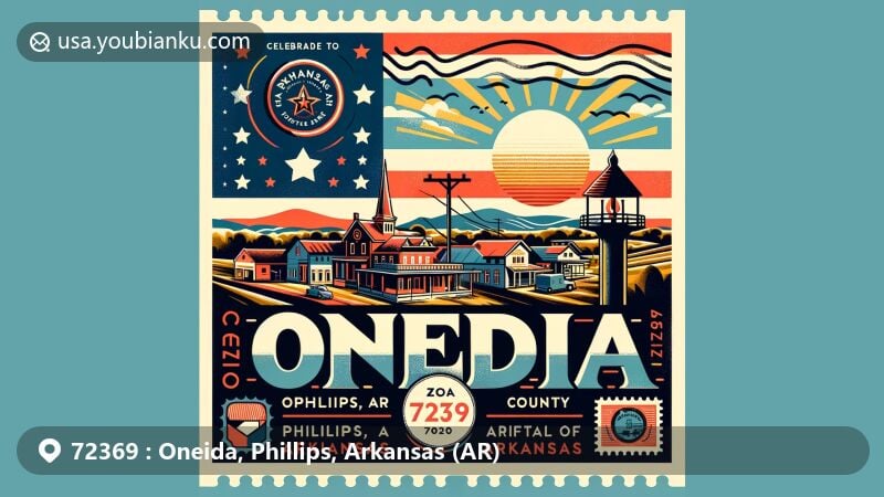 Modern illustration of Oneida, Phillips County, Arkansas, showcasing zip code 72369, featuring a stylized representation of the small town and incorporating Arkansas state flag and postal elements like vintage postage stamp frame, postal mark, mailbox, and envelope.