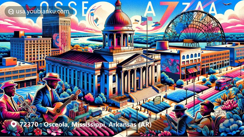 Modern illustration of Osceola, Arkansas, featuring iconic Mississippi County Courthouse, blues music influence, and historical Sans Souci Landing along the Mississippi River, with postal elements like vintage air mail envelope and postage stamp showcasing ZIP code 72370.