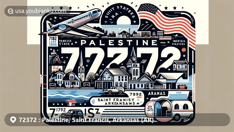 Modern illustration of Palestine, Saint Francis County, Arkansas, highlighting postal theme with ZIP code 72372, showcasing local landmarks along the L'Anguille River and American postal symbols.