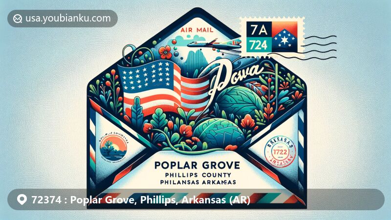 Modern illustration of Poplar Grove, Phillips County, Arkansas, featuring air mail envelope design with stylized map of Phillips County, Arkansas state flag, local flora or fauna, prominent ZIP Code 72374, postal stamp, and postmark.