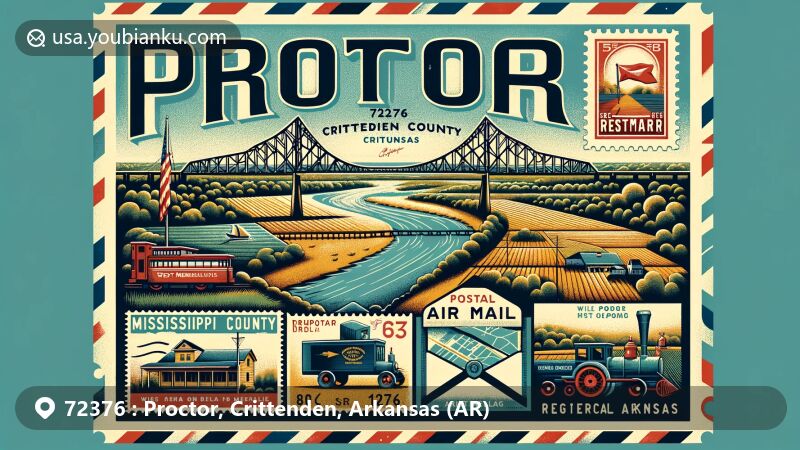 Modern illustration of Proctor in Crittenden County, Arkansas, featuring a postage stamp with Harahan Bridge, '72376' ZIP code, and symbols of mail communication and farmland richness.