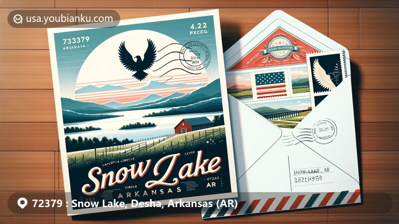 Modern illustration of Snow Lake, Arkansas, featuring a postcard with ZIP code 72379, showcasing Laconia Circle Levee and Arkansas state symbols.