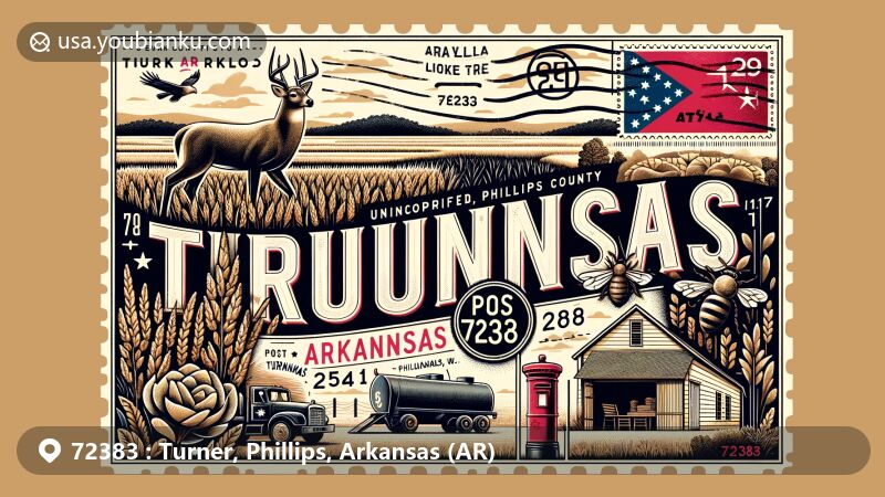 Modern illustration of Turner, Phillips County, Arkansas, showcasing postal theme with ZIP code 72383, featuring Arkansas state flag, wildlife like white-tailed deer and honeybee, agricultural elements, and vintage post stamp design.