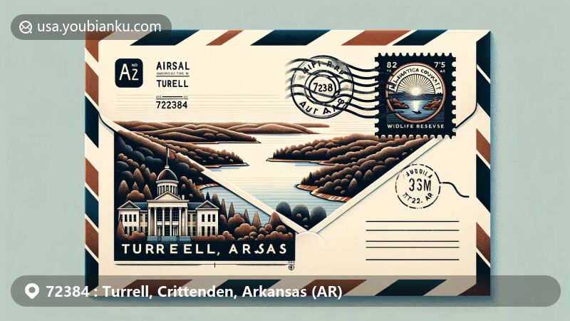 Modern illustration of a postal air mail envelope with a postcard featuring Wapanocca Lake, symbolizing the natural beauty near Turrell, Arkansas, and marked with '72384 Turrell, AR' postmark, incorporating a simplified map of Arkansas highlighting Turrell and adorned with elements of Crittenden County Courthouse.