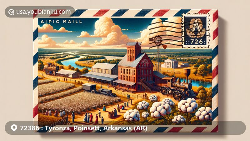 Modern illustration of Tyronza, Arkansas, showcasing postal theme with ZIP code 72386, featuring Southern Tenant Farmers Museum, Tyronza River, cotton fields, Native American mounds, and Arkansas state symbols.
