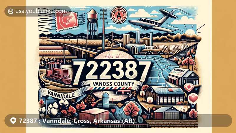 Modern illustration of Vanndale, Cross County, Arkansas, celebrating postal theme with ZIP code 72387, showcasing air mail envelope, stamps, and postmark, and highlighting geographical features and agricultural richness.
