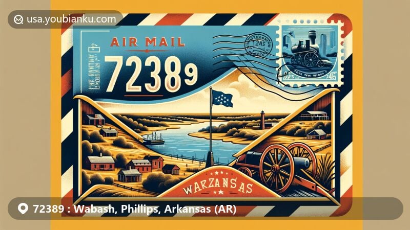 Modern illustration of Wabash, Arkansas, showcasing vintage-style air mail envelope with Old Town Lake landscape, the Mississippi River in the background, Arkansas state flag, Fort Curtis stamp, and '72389 Wabash, AR' postal mark.