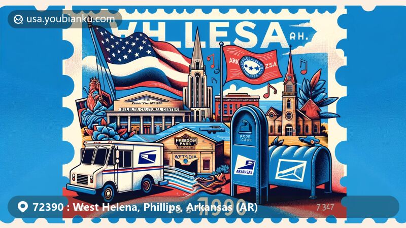 Modern illustration of West Helena, Phillips County, Arkansas, featuring postal theme with ZIP code 72390, showcasing Delta Cultural Center, Freedom Park, and blues music elements, with Arkansas flag flying above.