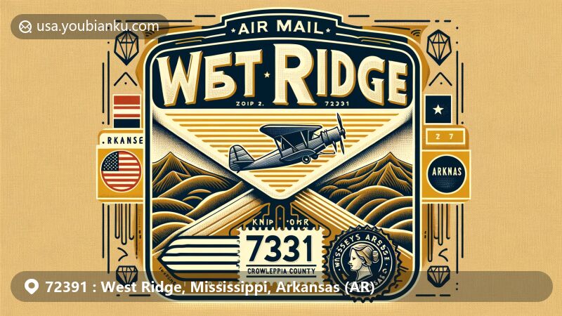 Modern illustration of West Ridge, Arkansas, showcasing vintage air mail envelope with ZIP code 72391, featuring Crowley’s Ridge and iconic Arkansas symbols.