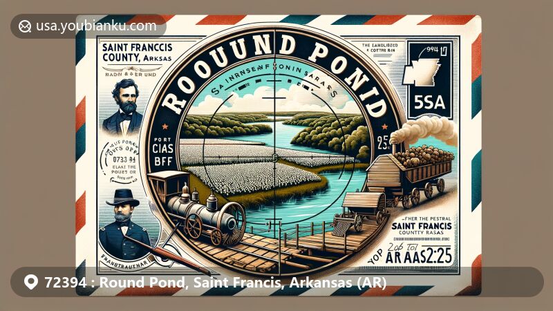 Modern illustration of Round Pond, Saint Francis, Arkansas, featuring St. Francis River, Battle of Chalk Bluff, cotton fields, and modern map outline of Saint Francis County, with prominent ZIP code 72394 on envelope.
