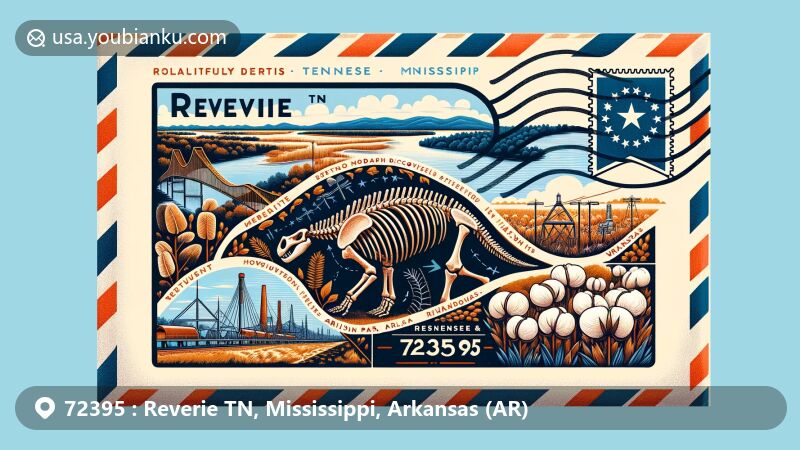 Modern illustration of Reverie, TN, ZIP code 72395, featuring air mail envelope with Mississippi River, mastodon skeleton, cotton fields, Arkansas state symbols, and Nodena site artifacts.