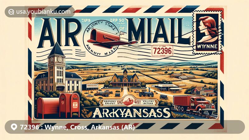 Modern illustration of Wynne, Arkansas, featuring vintage air mail envelope design, showcasing Arkansas Delta's fertile lands and Crowley's Ridge rise, with Cross County Courthouse and Village Creek State Park highlighted, along with red mailbox and postal truck, symbolizing vibrant community and postal history.