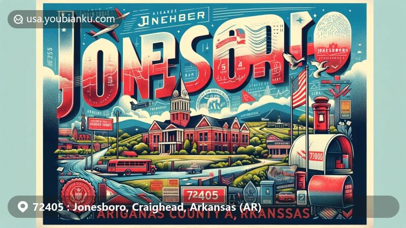 Modern illustration of Jonesboro, Craighead County, Arkansas, highlighting the charm and landmarks of the area. Features Craighead County Courthouse, Arkansas State University, and postal elements like vintage postcard design with Arkansas state symbols and ZIP code 72405.