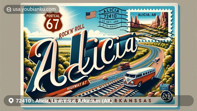 Modern illustration of Alicia, Arkansas, showcasing postal theme with ZIP code 72410, featuring Rock 'n' Roll Highway 67 and Alicia's railway history.