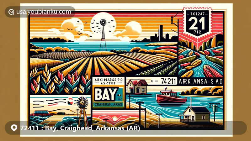 Modern illustration of Bay, Craighead County, Arkansas, featuring unique flat landscapes of the Arkansas Delta and ecological elements of the St. Francis Lowlands and Mississippi Alluvial Plain, emphasizing agriculture and natural beauty.