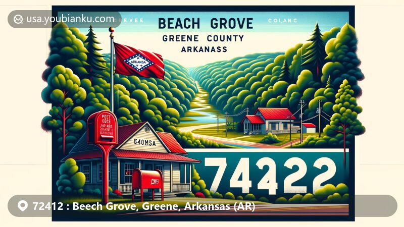Modern illustration of Beech Grove, Greene County, Arkansas, highlighting postal theme with ZIP code 72412, featuring lush natural landscapes, a post office, red mailbox, and Arkansas state symbols.