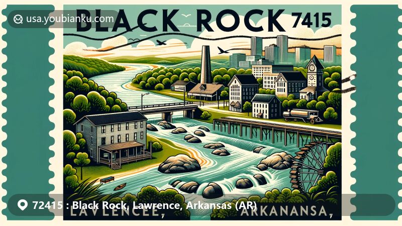 Modern illustration of Black Rock, Lawrence County, Arkansas, featuring the picturesque Black River, lush greenery, black rocks, historical sawmill, postal heritage elements, and skyline representation.