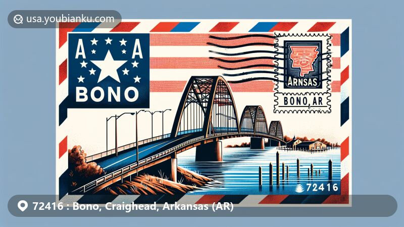 Modern illustration of Bono Bridge, Bono, Arkansas, featuring iconic landmarks with Arkansas state flag, symbolizing local pride and glory. Stamp detail showcases silhouette of Bono Cemetery, with clear postmark indicating '72416 Bono, AR', seamlessly blending postal and regional features. Artwork presented in the form of an airmail envelope to creatively enhance the webpage for Bono area postal code.