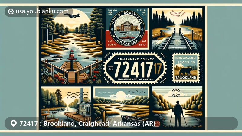Modern illustration of Brookland, Craighead County, Arkansas, showcasing postal theme with ZIP code 72417, incorporating the official seal of Brookland, scenic views of hardwood forests, hills, wetlands, streams, and hiking culture.