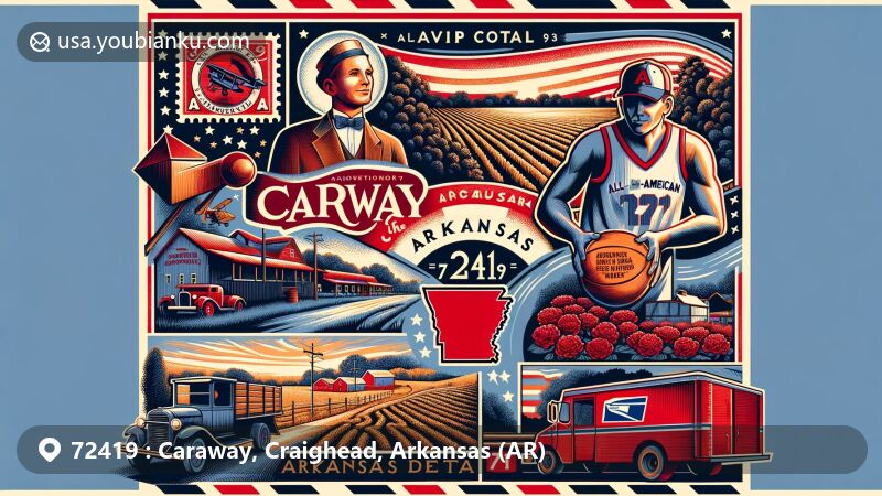 Modern illustration of Caraway, Arkansas, showcasing postal theme with ZIP code 72419, featuring agricultural roots, sports history, and natural beauty of Arkansas Delta.