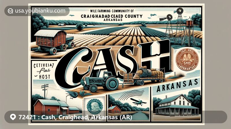 Modern illustration of Cash, Craighead County, Arkansas, highlighting agricultural heritage and historical significance, incorporating ZIP code 72421 and local farmland landscapes, symbolic references to lumber industry, vintage-style postcard with stamp-like depiction of Cache River or local architecture.