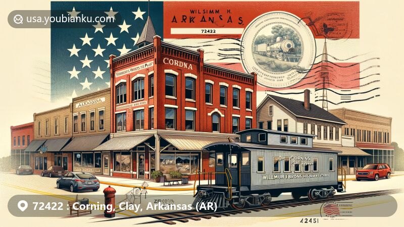 Modern illustration of Corning, Arkansas, highlighting historic landmarks like 'Corning's Windows to the Past' and the Missouri Pacific Railroad Caboose 13711, as well as the William H. Donham State Fish Hatchery. The design incorporates references to the town's history, nature, and the Arkansas state flag, resembling a creative postcard or air mail envelope.